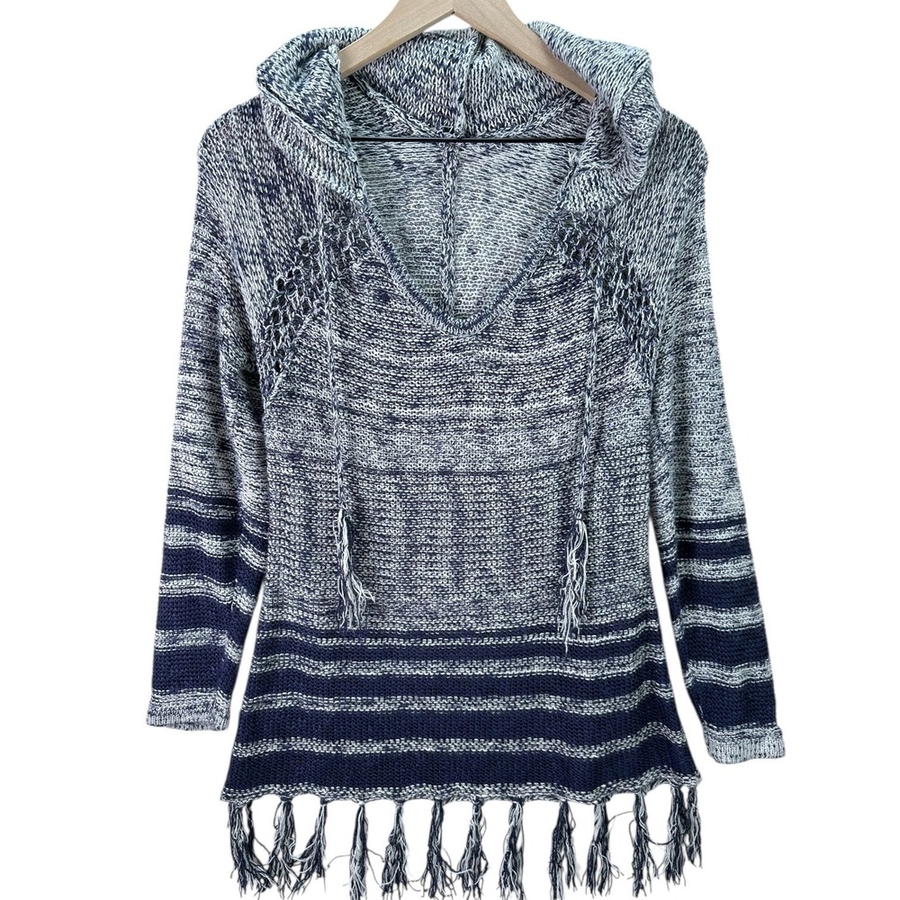 Women's Knit Cowl Neck Sweater Gray Blue Striped‎ Fringe Hem Boho Long Sleeve L